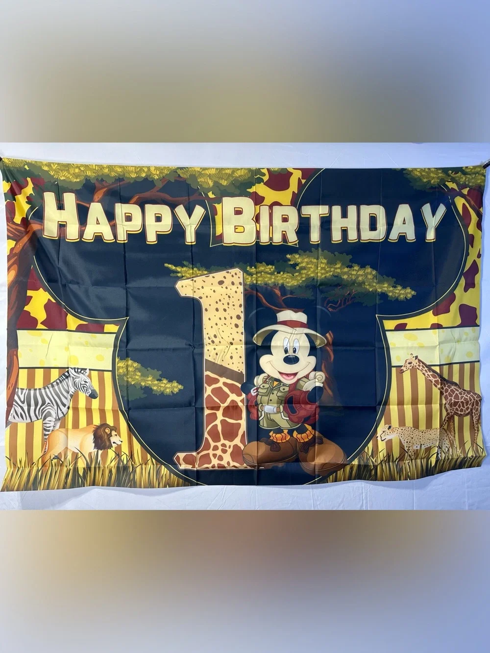Mickey Mouse 1st Birthday Safari Theme Happy Birthday Backdrop Banner 5x3Ft.